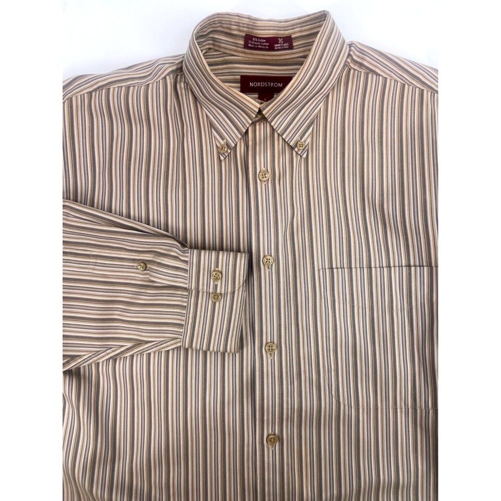 Nordstrom Smartcare Large Striped Button Down Shirt Tan Blue Wrinkle Free